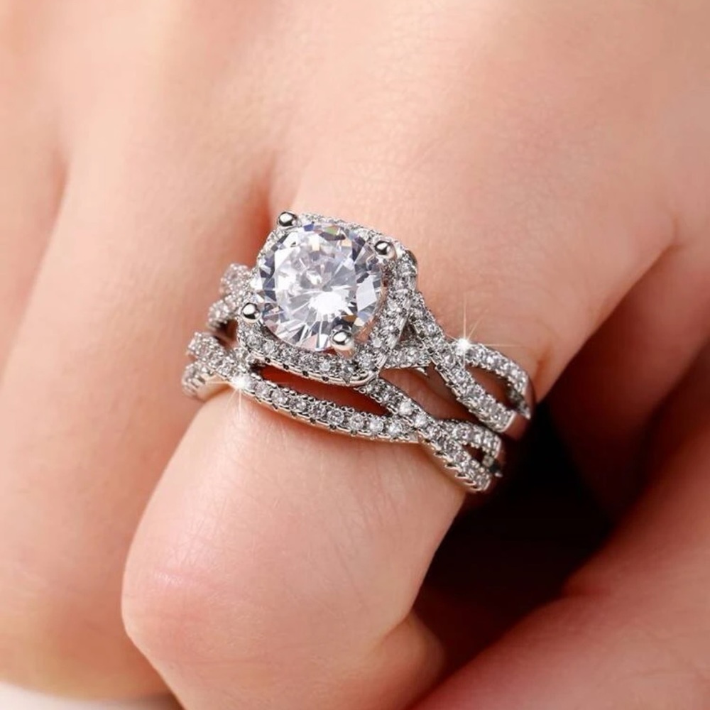 NWT 14K White Gold Plated S925 Zirconia Couple Wedding Ring Set Size 9​​​​​​​